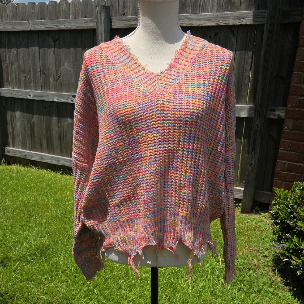 Main Strip Multicolor Distressed V-Neck Sweater Size M